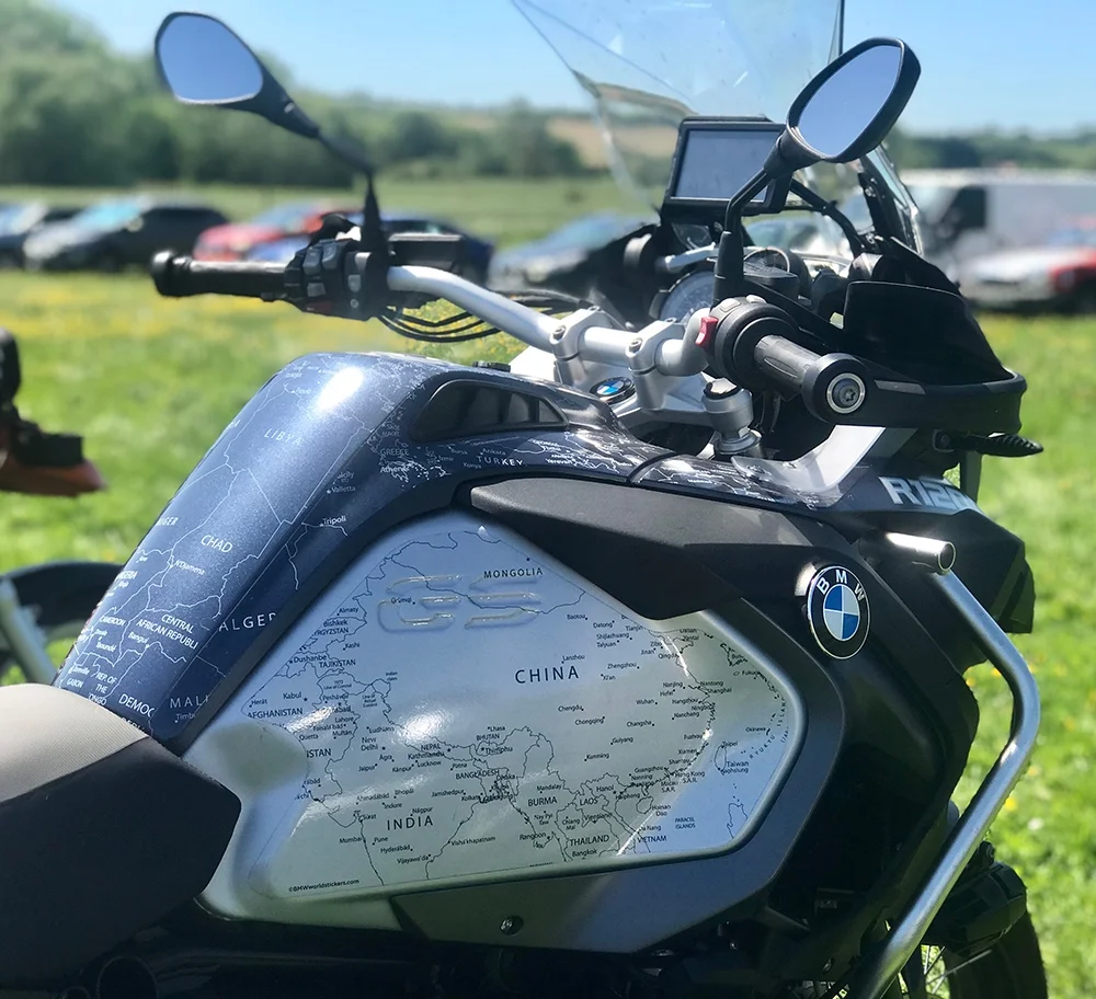BMW R1200 1250 GS LC ADVENTURE 2014 Onwards Bmw World Stickers Side Right View Stunning Look White Map Transparent Decals On Blue Navy Side Tanks On Black
