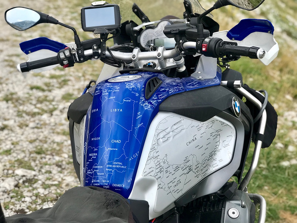 BMW R1200 1250 GS LC ADVENTURE 2014 Onwards Bmw World Stickers Whole View Bike Look White Map Transparent Decals On Blue Thumbnail