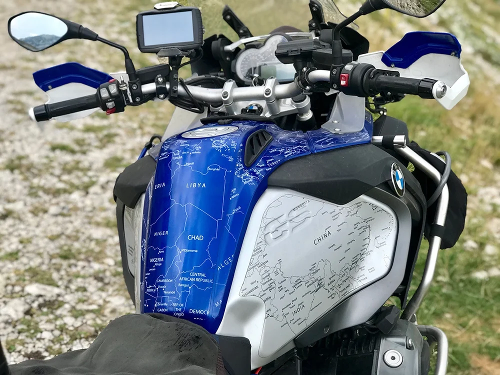 BMW R1200 1250 GS LC ADVENTURE 2014 Onwards Bmw World Stickers Whole View Bike Look White Map Transparent Decals On Blue Thumbnail