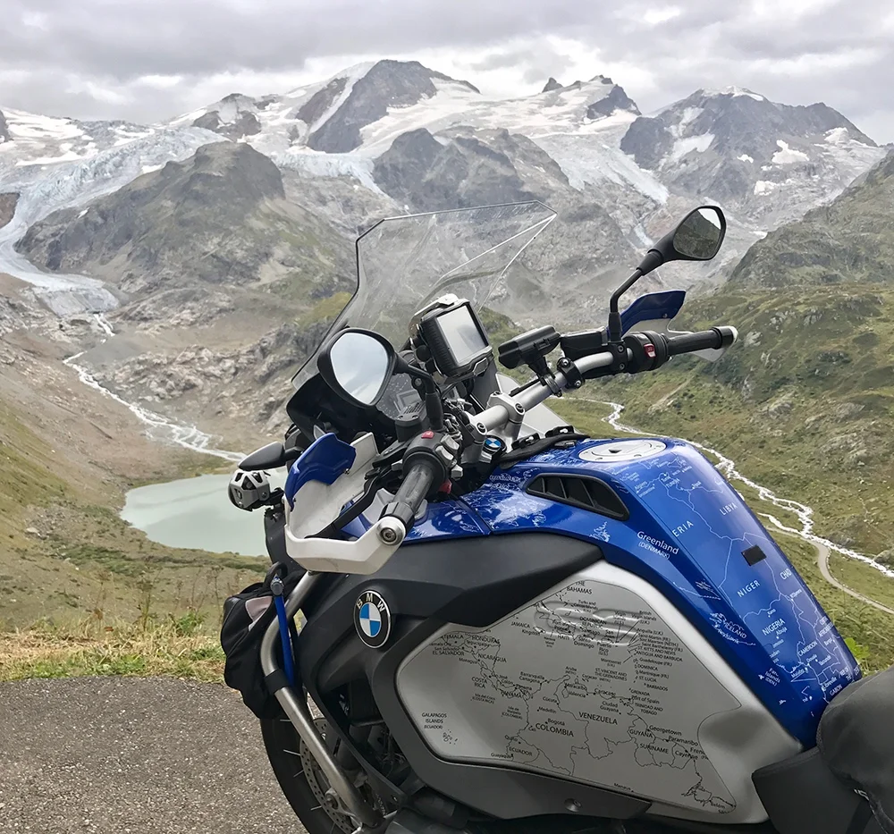 BMW R1200 1250 GS LC ADVENTURE 2014 Onwards Bmw World Stickers Whole View Stunning Look White Map Transparent Decals On Blue And Side Tanks On Black on Silver Tank