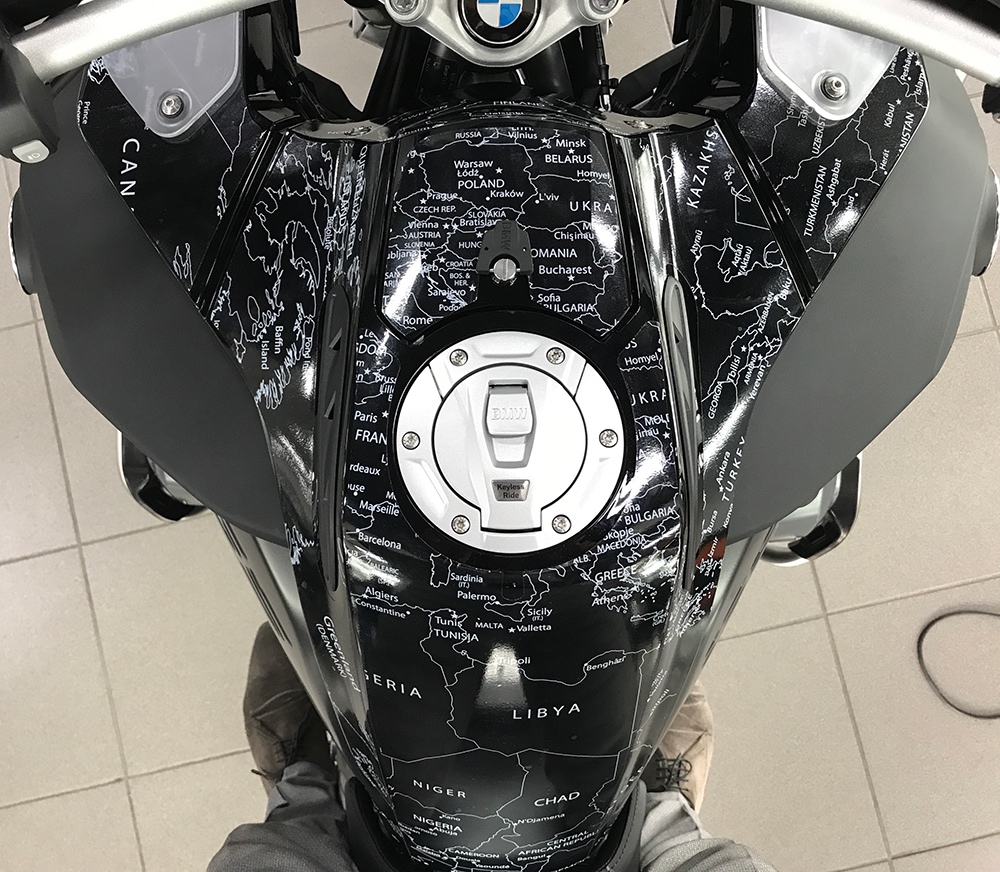BMW R1200 1250 GS LC ADVENTURE 2014 Onwards BMW World Stickers Tank Top Overall View White Map On Triple Black