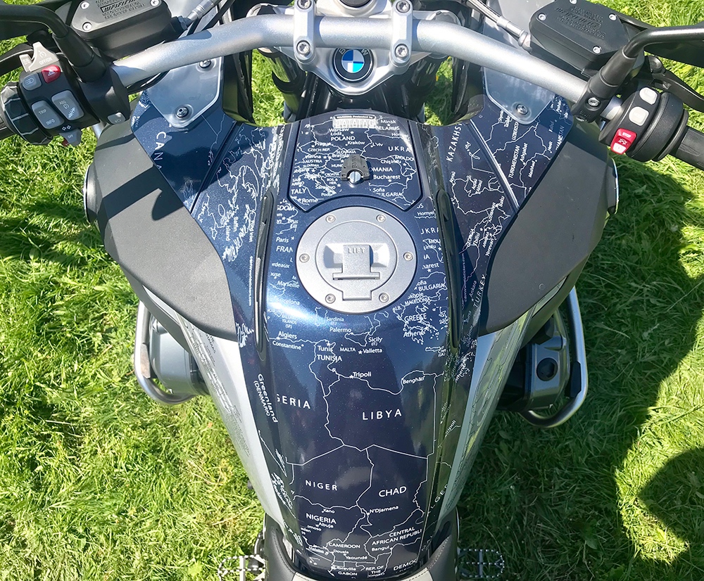 BMW R1200 1250 GS LC ADVENTURE 2014 Onwards BMW World Stickers Tank Top View Look White Map Transparent Decals On Blue Navy
