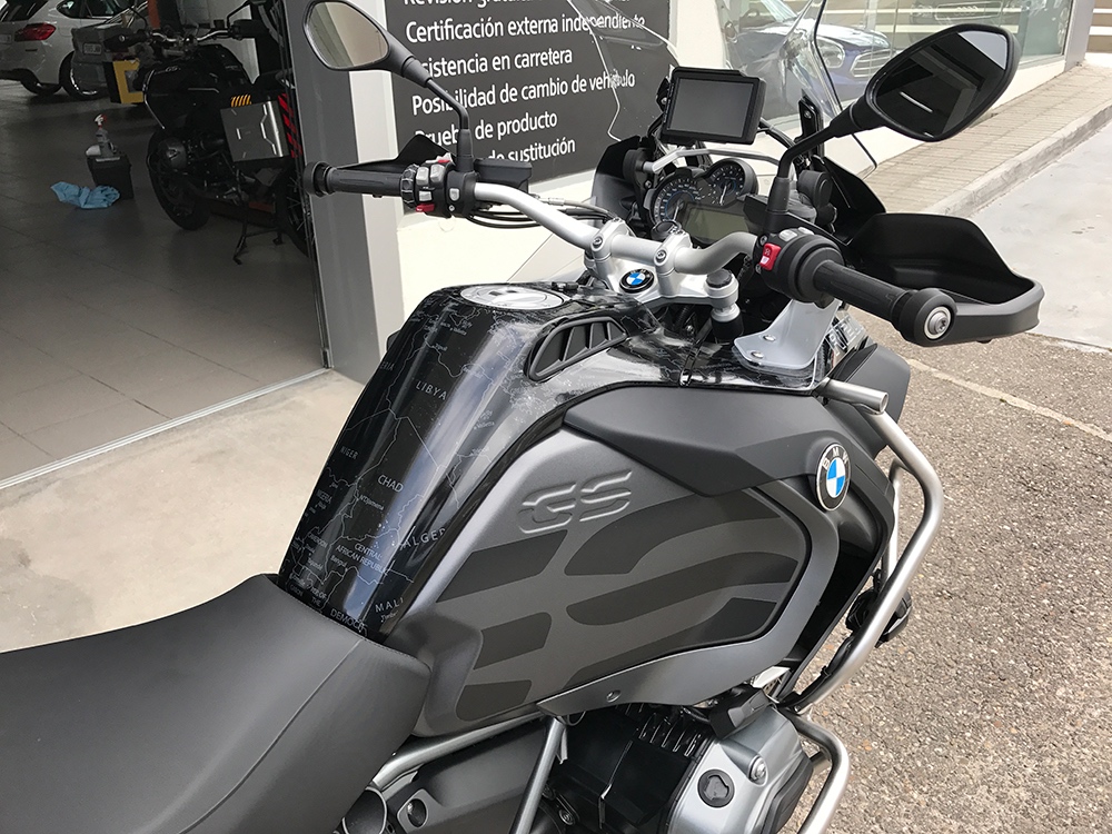 BMW R1200 1250 GS LC ADVENTURE 2014 Onwards BMW World Stickers Whole Angle View Stunning Discreet Look Grey Map Transparent Decals On Triple Black