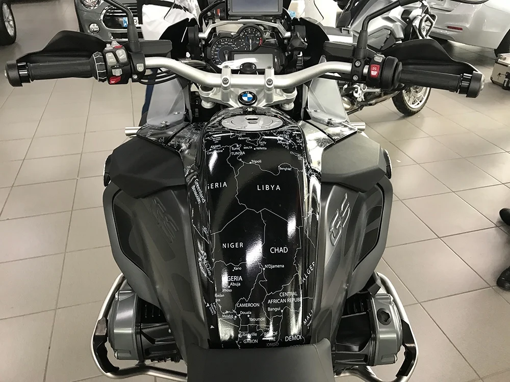 BMW R1200 1250 GS LC ADVENTURE 2014 Onwards BMW World Stickers Whole Tank Front Stunning Look White Map Transparent Decals On Triple Black