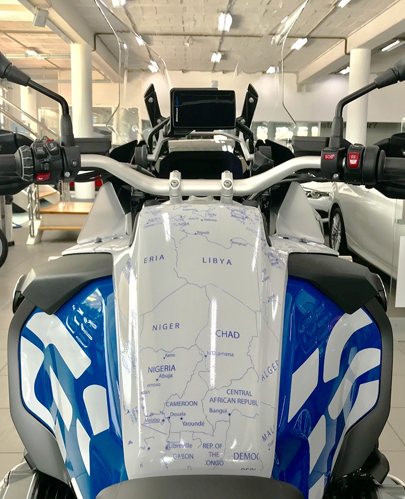 BMW R1200 1250 GS LC ADVENTURE RALLYE 2014 Onwards BMW World Stickers Blue Map Transparent Decals On White Central Tank Stunning Look