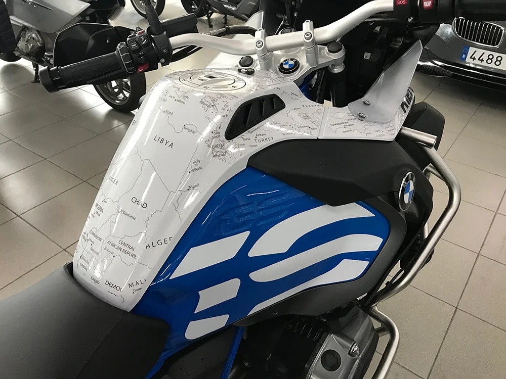 BMW R1200 1250 GS LC ADVENTURE RALLYE 2014 Onwards BMW World Stickers Stunning Top Tank Right Overall View Grey Map Transparent Decals On White
