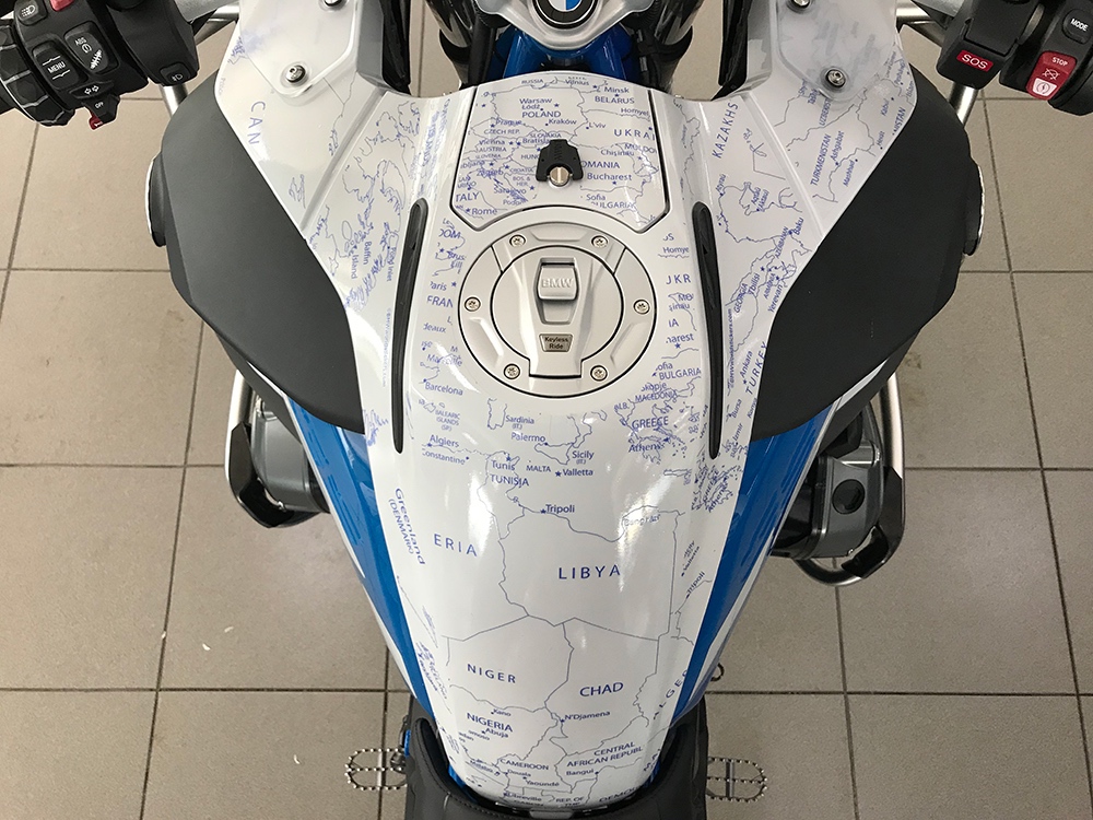 BMW R1200 1250 GS LC ADVENTURE RALLYE 2014 Onwards BMW World Stickers Tank Top View Blue Map Transparent Decals On White