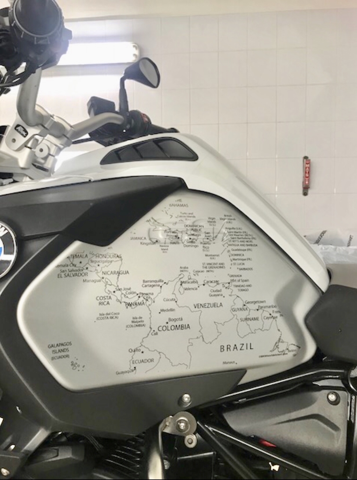 BMW R1200 1250 GS LC ADVENTURE 2014 Onwards BMW World Stickers Side Left View  Look Black Map Transparent Decals On White Bike Silver Tank 
