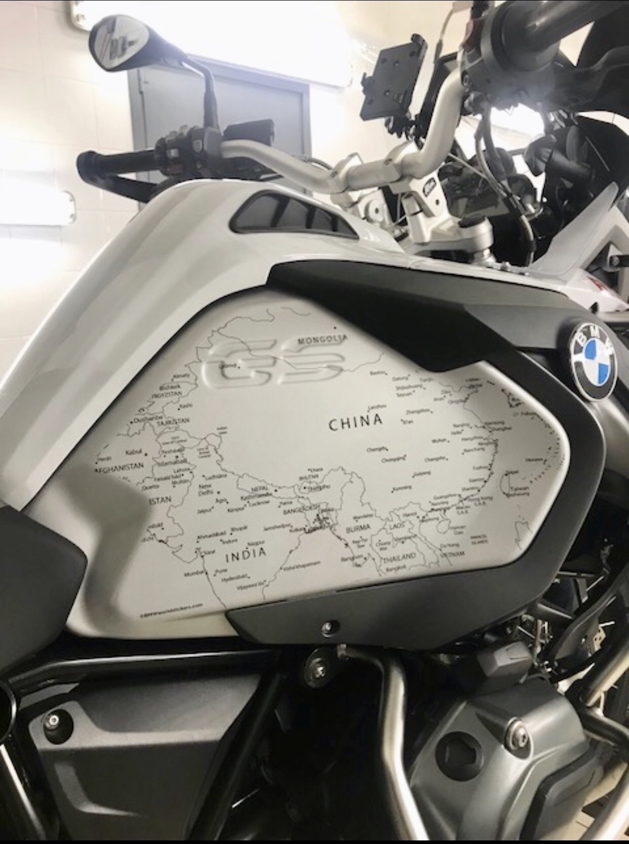 BMW R1200 1250 GS LC ADVENTURE 2014 Onwards BMW World Stickers Side Tank Right View Look Black Map Transparent Decals On White Bike Silver Tank 