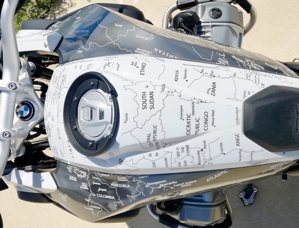  BMW R1200 1250 GS LC 2017 Onwards BMW World Stickers and Decals Tank Top Aerial View Black On Transparent Map Over White 