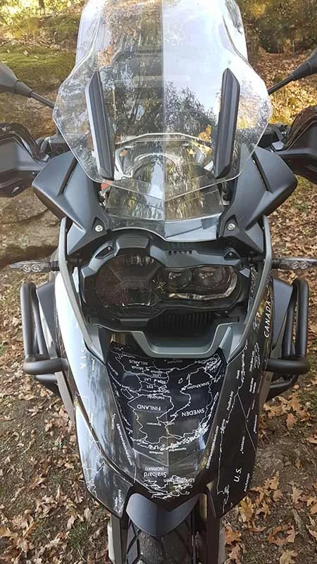 BMW R1200GS LC 2013 to 2016 BMW World Stickers And Decals Impressive Close Up Beak View White Map Transparent on Black Grey Motorcycle