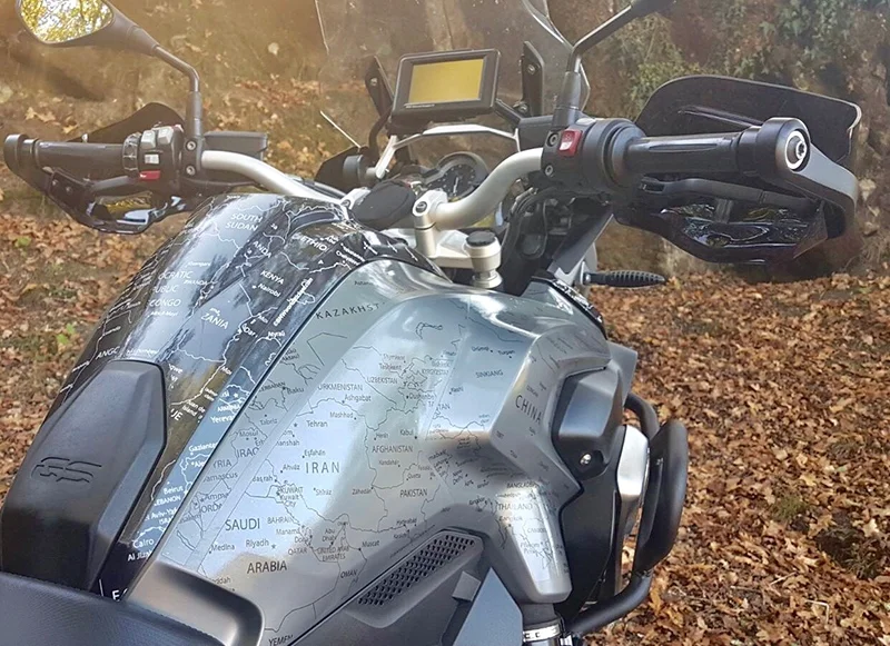 BMW R1200GS LC 2013 to 2016 BMW World Stickers And Decals Landscape Picture Angle Side Right View White Map Transparent on Black Grey Motorcycle