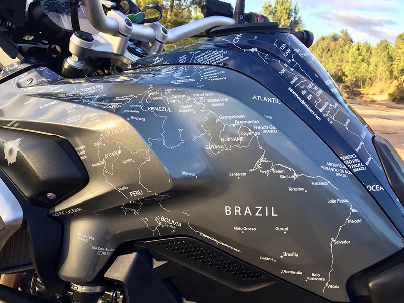 BMW R1200GS LC 2013 to 2016 BMW World Stickers and decals Side Left Close Up View White Map Transparent on Blue Navy Grey Motorcycle
