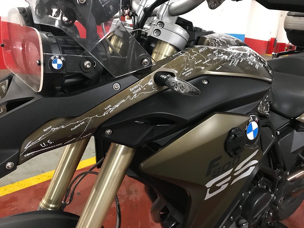 BMW F800 GS 2013 to 2017 BMW World Stickers And Decals Close Up Left Angle Front Picture White Map Transparent Decals On Kalamata Colour