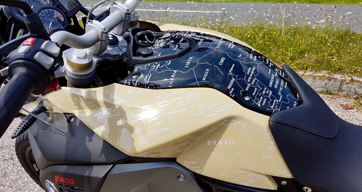 BMW F800GS ADVENTURE 2013 to 2017 BMW World Stickers And Decals Left Top View White Map Transparent On Sand Rover Matt Black Tank Top