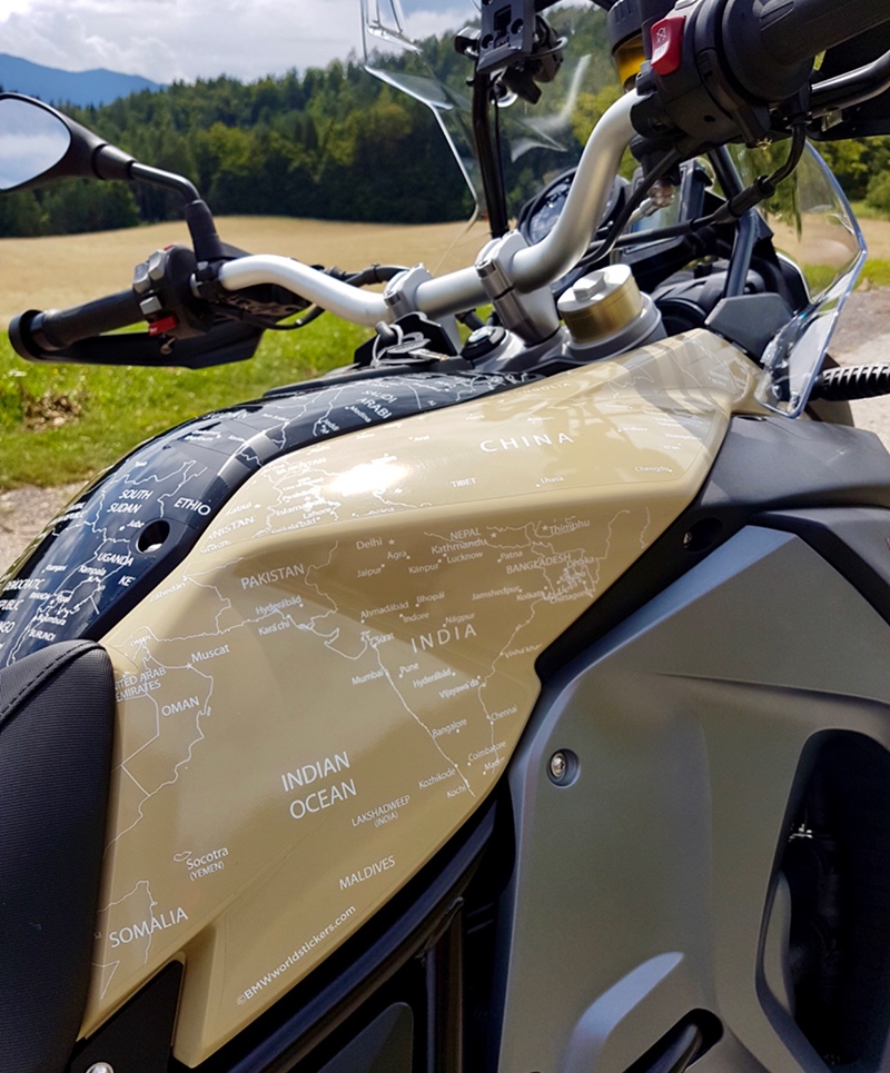 BMW F800 GS ADVENTURE 2013 to 2017 BMW World Stickers and Decals Close Up Landscape Picture Right Side View White Map Transparent Decals On Sand Rover Matt Black Tank Top