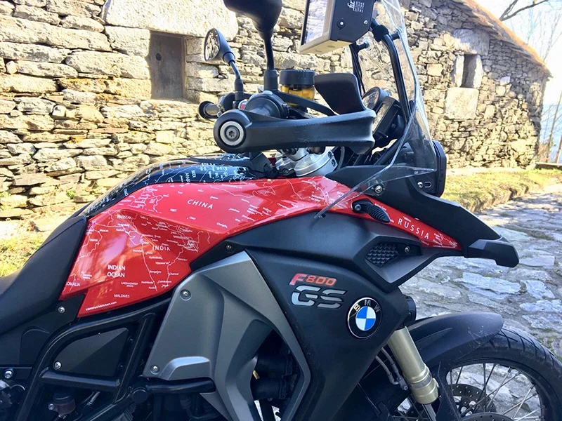 BMW F800 GS ADVENTURE 2013 to 2017 BMW World Stickers and Decals Rural Picture Close Up Right Side View White Map Transparent Decals On Red Black