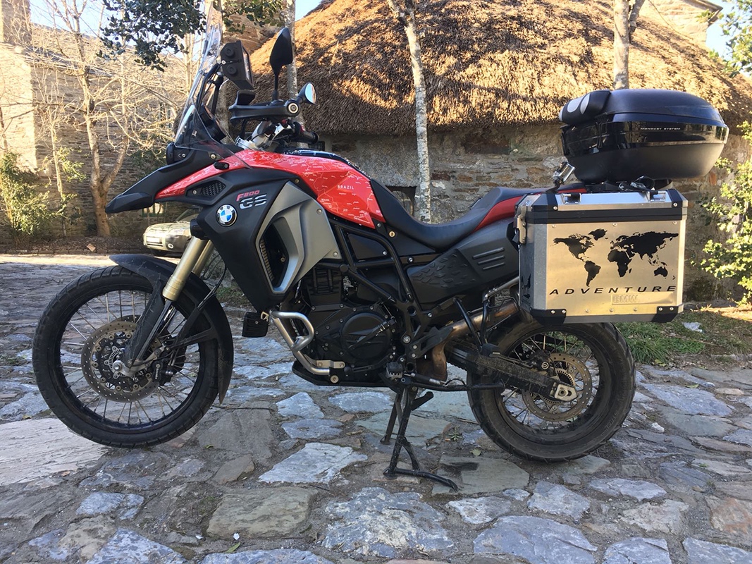 BMW F800 GS ADVENTURE 2013 to 2017 BMW World Stickers and Decals Rural Picture View Full Bike In White Map Transparent Decals On Red Black