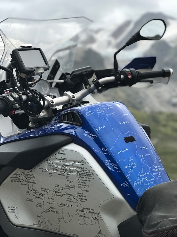 PPF White Map on a BMW R1200 1250 GS LC ADVENTURE 2014 Onwards BMW World Stickers/Decals Blue With White Map Side Tanks On Black PPF
