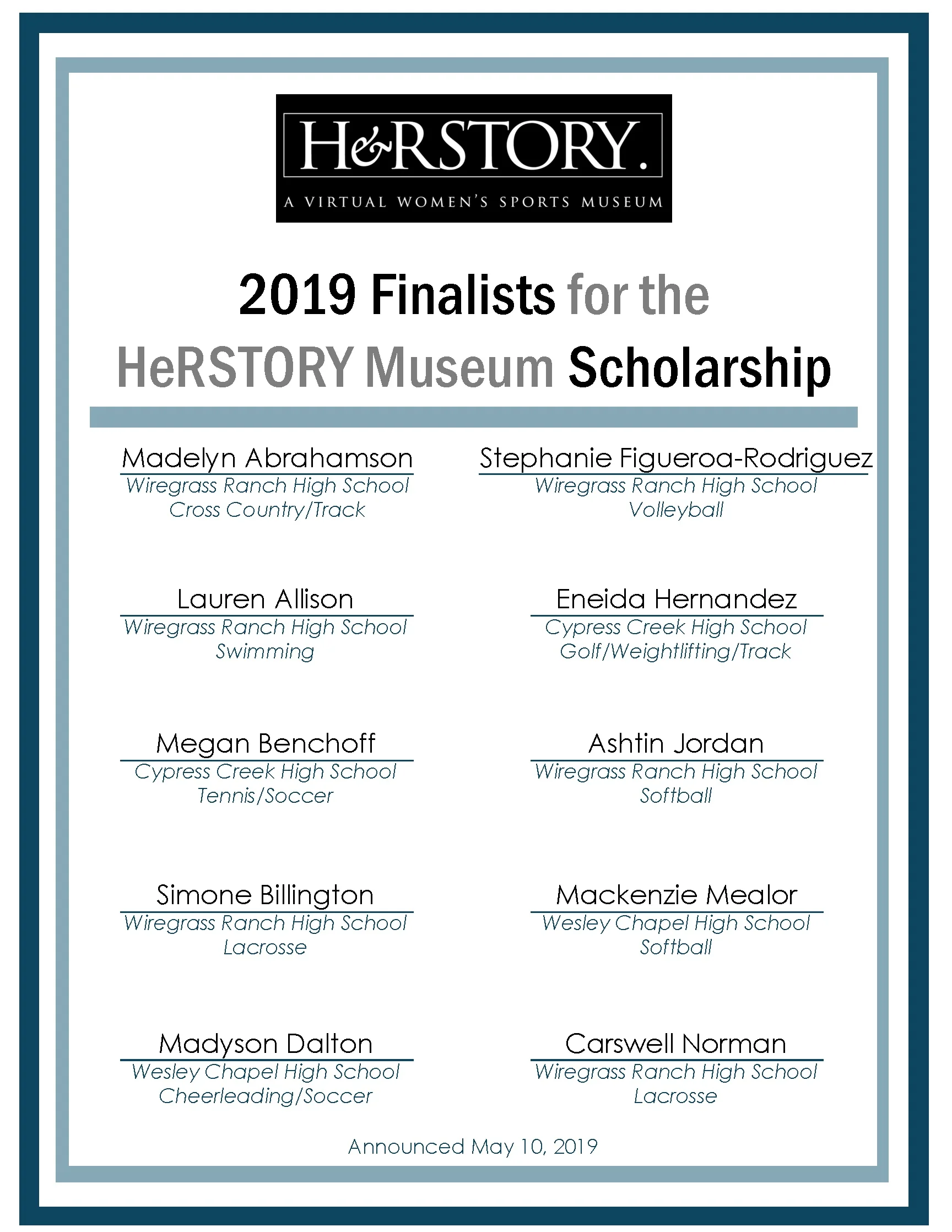 Finalists for the 2019 Scholarship, announced on May 10, 2019