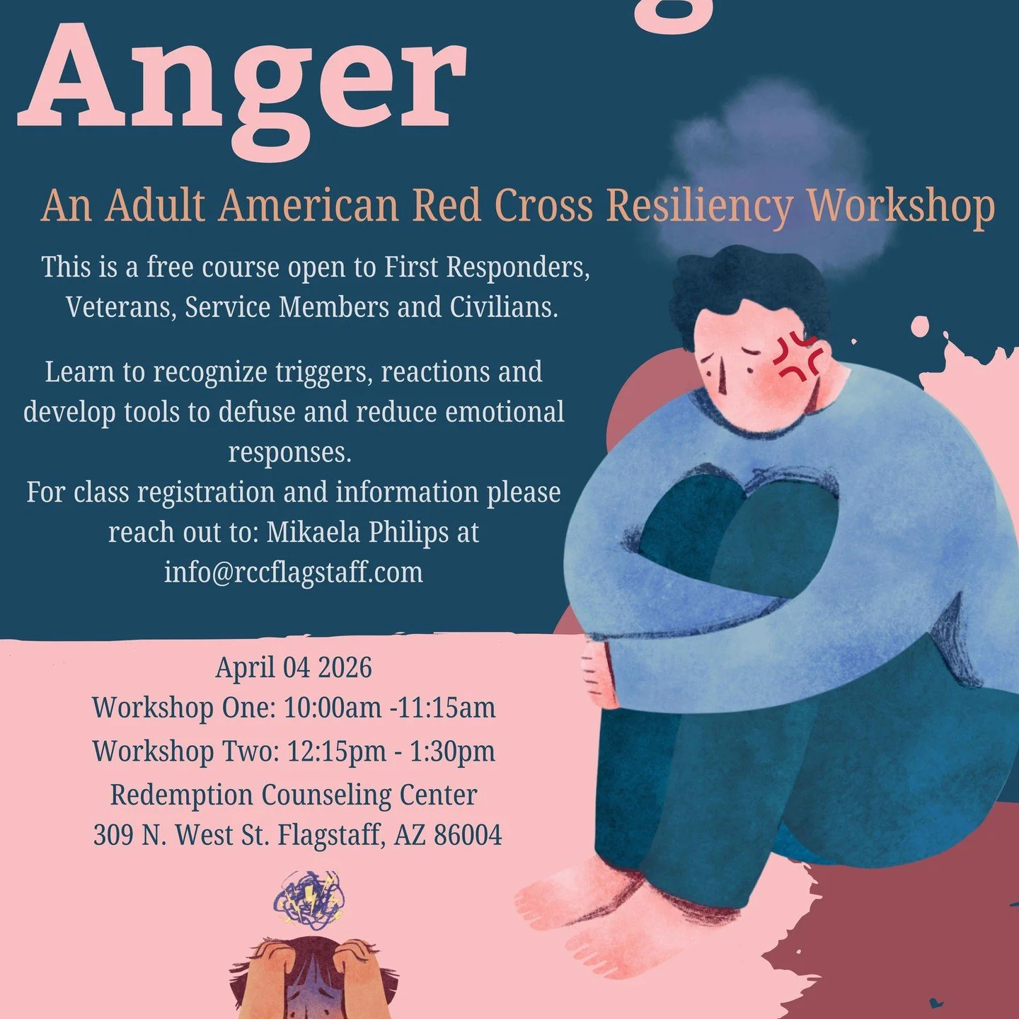 We are excited to partner with the American Red Cross for a Workshop on Diffusing Anger. It is a completely FREE workshop and will be led by a licensed therapist volunteer from the American Red Cross. See flyer for more details.