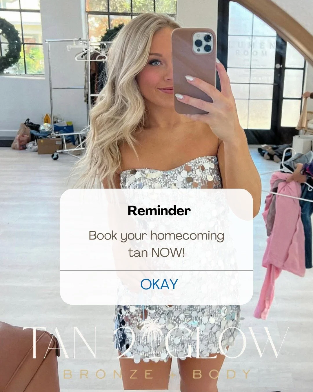 Our books are filling up QUICK! 

We recommend booking your Homecoming glow 2-3 days before the event. That way, there's plenty of time for the tan to fully develop &ndash; and your glow will be fresh and vibrant for the big day! 

(Spray tans typica