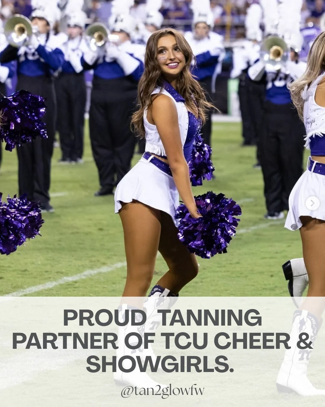Want the glow you see on the field? 🐸💜✨ (Go frogs!!!!!!!) 

Tan 2 Glow has been the proud tanning partner of @tcu.cheer and @tcu_showgirls for over a decade! 

And everyone with a valid student ID can get our signature tan for just $39. Each custom