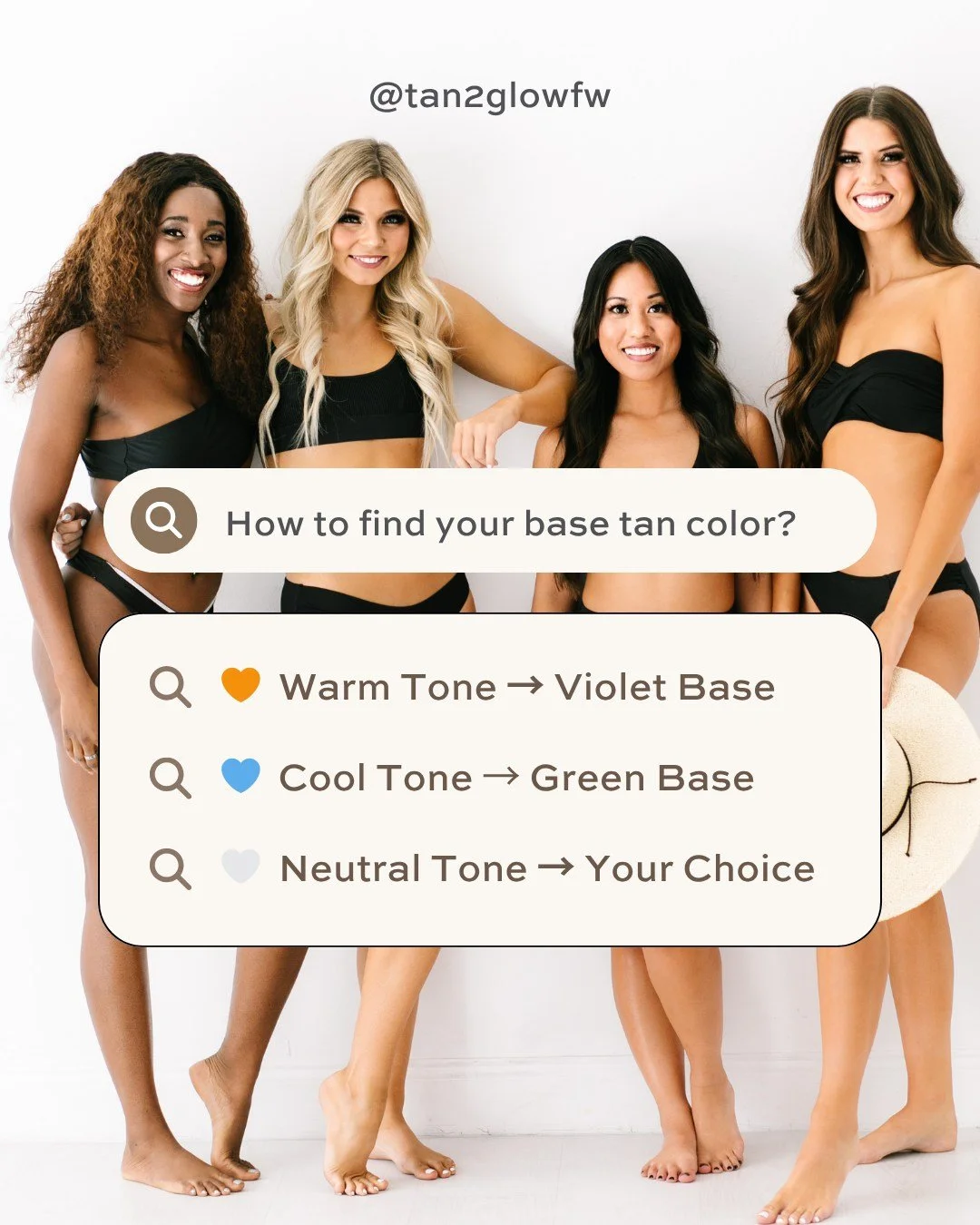 Not all tans are the same ✨

Choosing the right base color makes a difference in the final outcome of your tan!

Here's the breakdown:

🧡 Warm Skin Tone (green veins): Violet base neutralizes yellow tones for a rich, bronze glow.
💙 Cool Skin Tone (