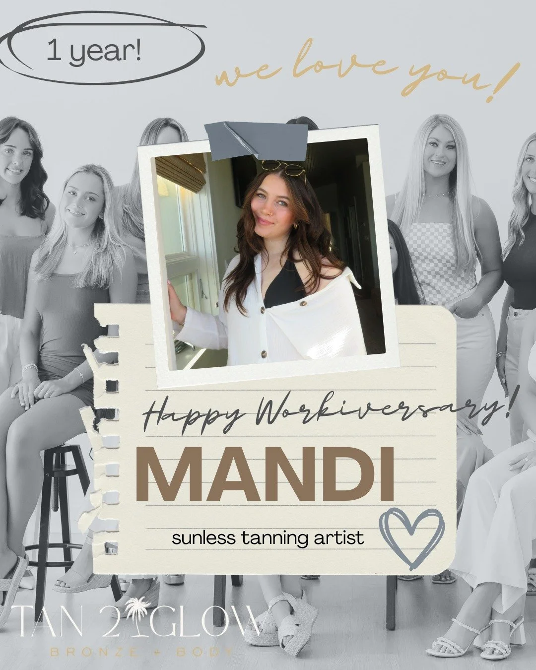 This month we're celebrating two workaversaries &ndash; Mandi and Constance! 🎉

Tan 2 Glow truly wouldn't be the same without y'all. You're both incredibly talented spray-tan artists, and your commitment to your clients is inspiring! 

Thank you so 