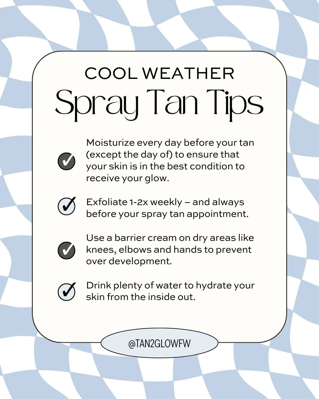 It's getting chilly out there! 

Here are some cold weather spray tan tips to keep you glowing all winter long. ❄️☃️🎿✨

Book your next glow at tan2glow.com or call/text (817) 400-4569. 📲

 #fortworthspraytan #fortworthtx #fortworthtexas #fortworths