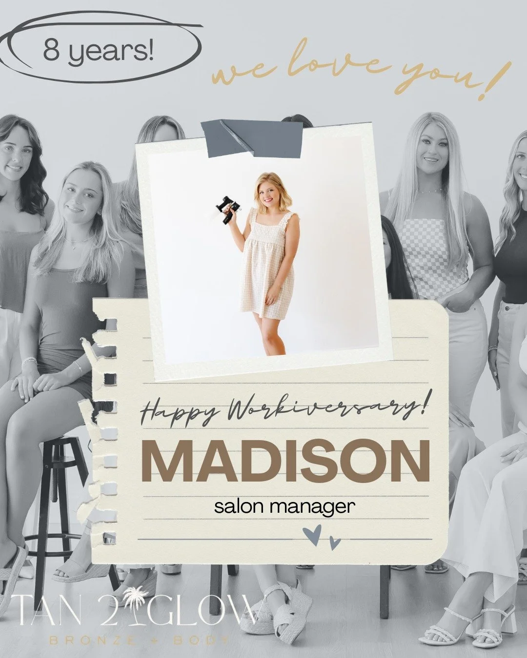 PSA: Madison (our wonderful studio manager &amp; incredibly talented spray tan artist) is celebrating EIGHT YEARS at Tan 2 Glow! 🥂✨🫶

Madison has been a pivotal member of the Tan 2 Glow team, and if you know her, you LOVE her. 

Here's what one of 