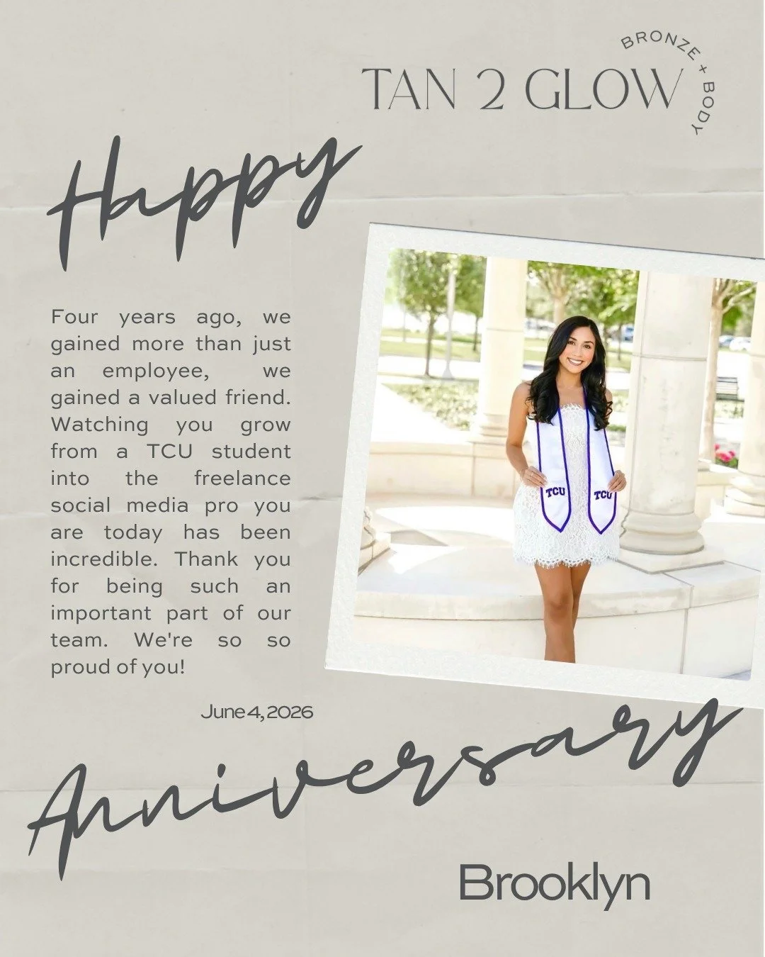 Brooklyn hit a 4-year work anniversary with us this week AND just graduated from TCU - so yeah, we're celebrating her 🎓💛

She's incredibly talented, hardworking, and a valued part of our team. But more than that, she shows up every day and gives he