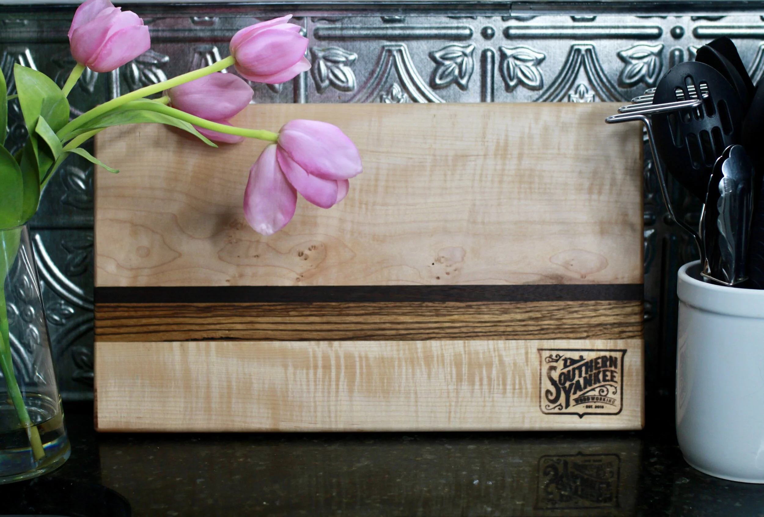 Handmade Curly Maple Cutting Board with Accent Strip
