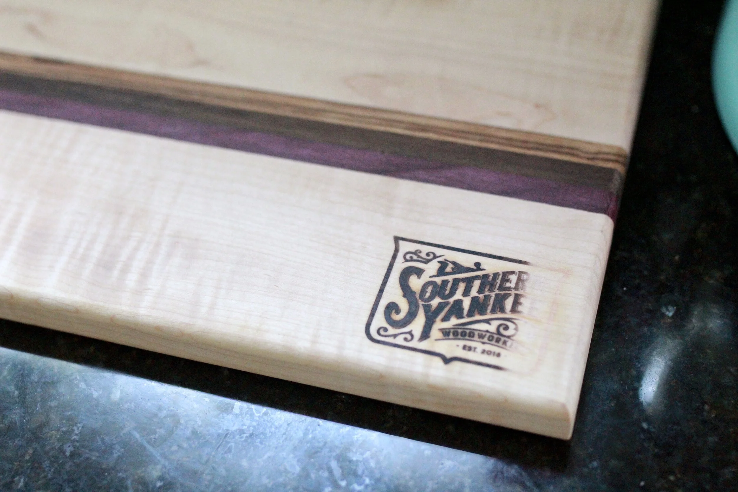 Large Handmade Curly Maple Cutting Board with Accent Strip of Purple Heart