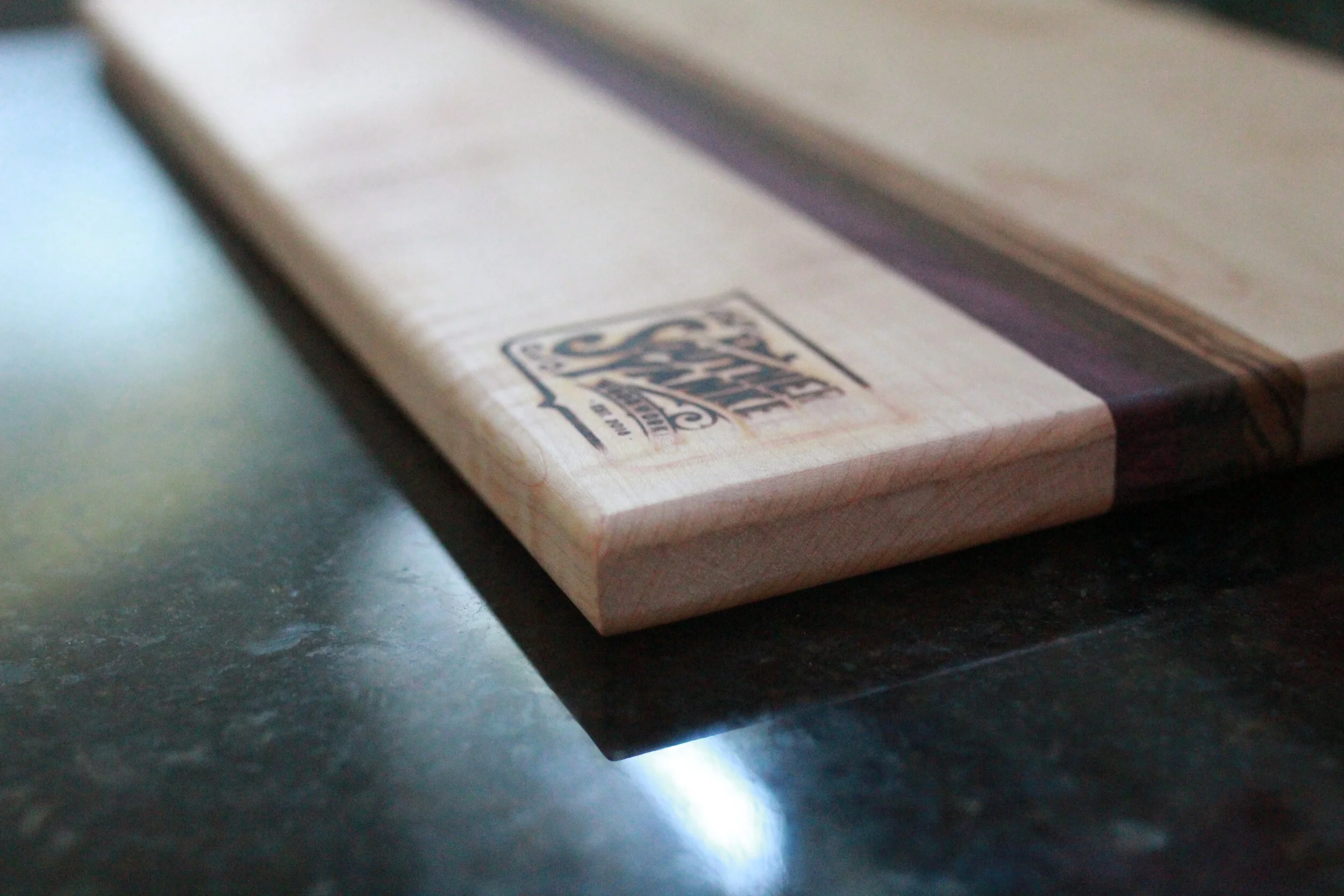 Large Handmade Curly Maple Cutting Board with Accent Strip of Purple Heart