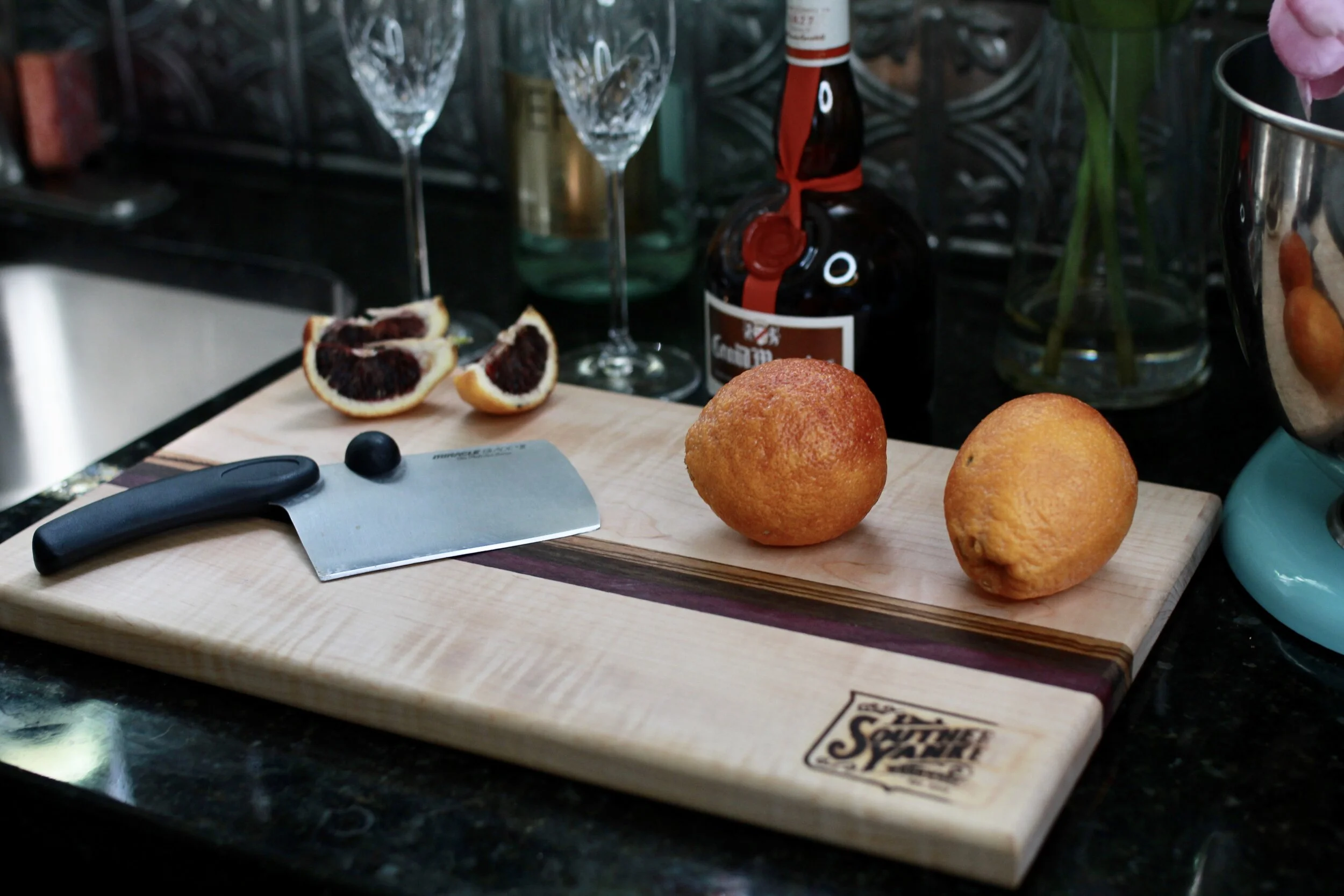 Large Handmade Curly Maple Cutting Board with Accent Strip of Purple Heart