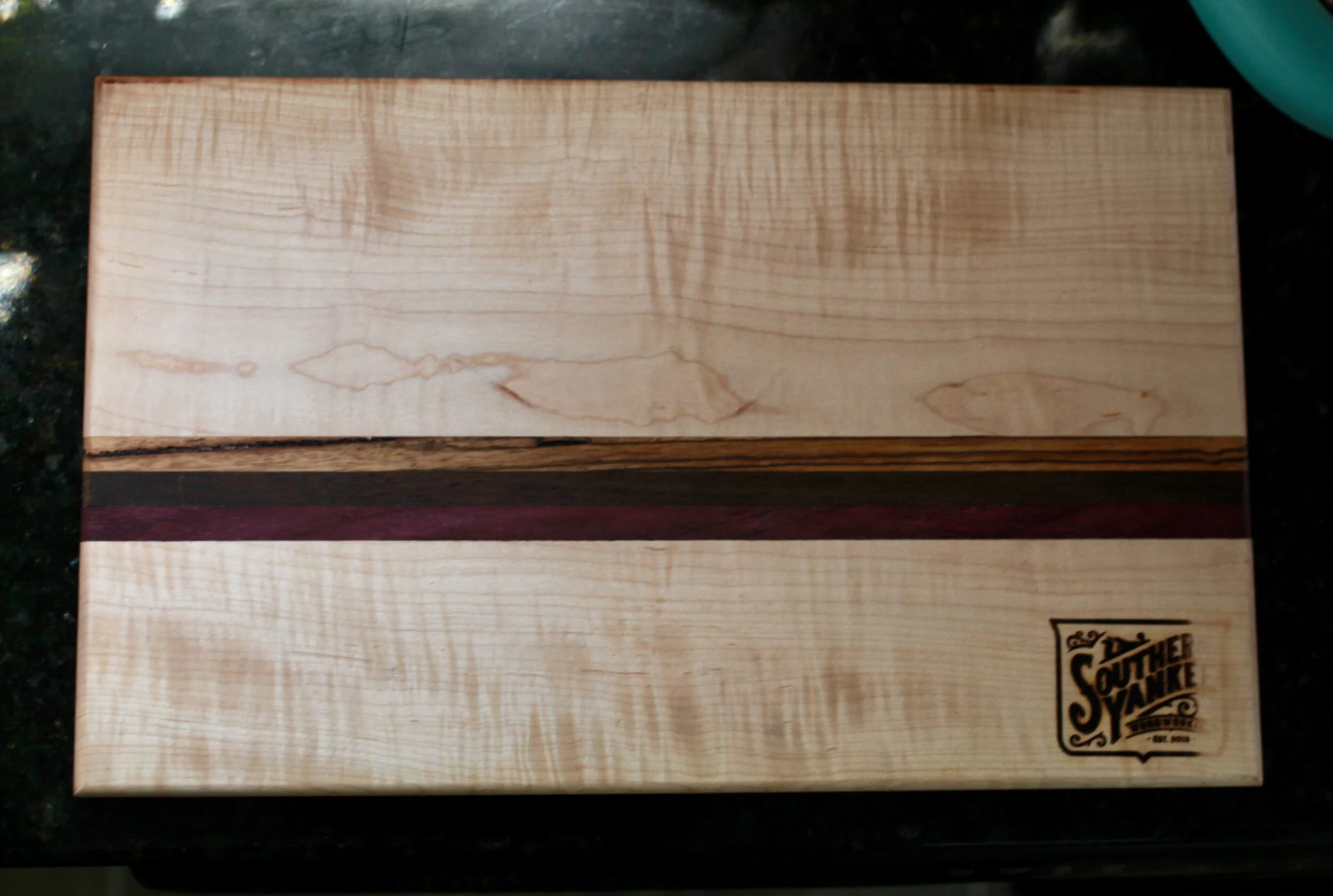 Large Handmade Curly Maple Cutting Board with Accent Strip of Purple Heart