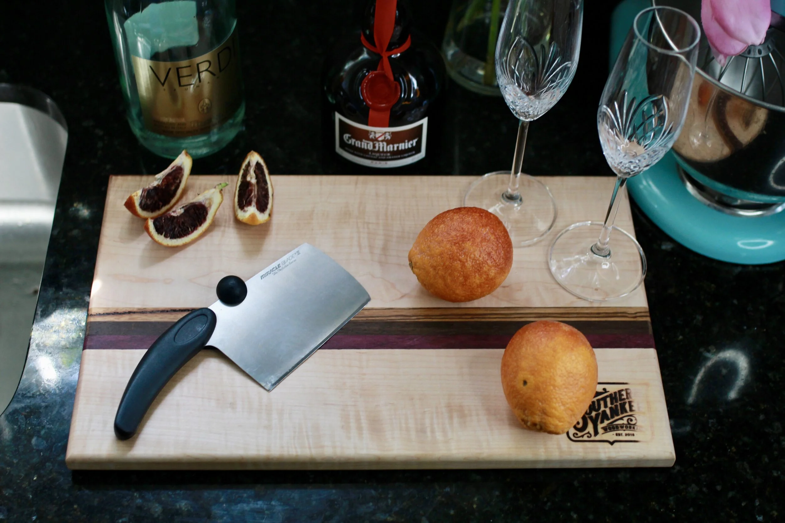 Large Handmade Curly Maple Cutting Board with Accent Strip of Purple Heart