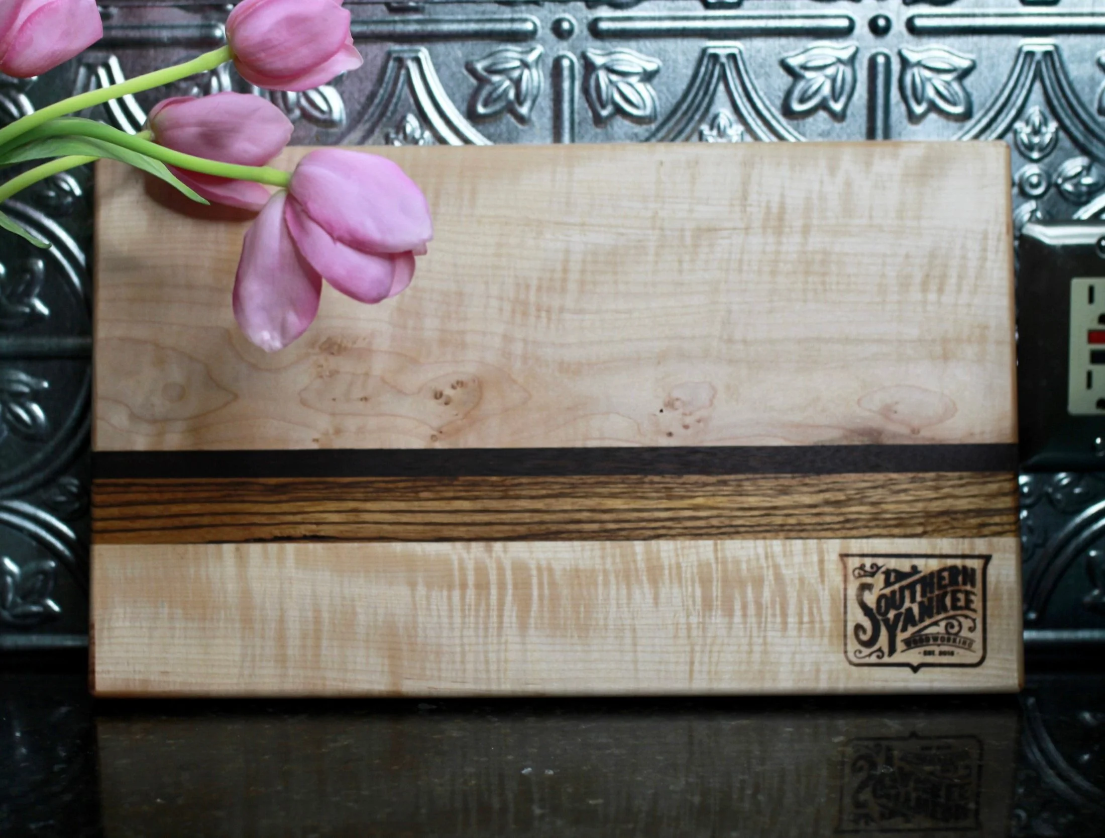 Handmade Curly Maple Cutting Board with Accent Strip