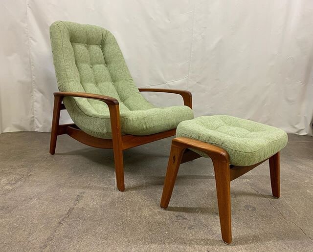 Finished another #midcenturymodern chair reupholstery, in Viva - Pear from @ennisfabrics with a matching footstool. #reupholstery #reuse #shoplocal #ywg #winnipegsmallbusiness
