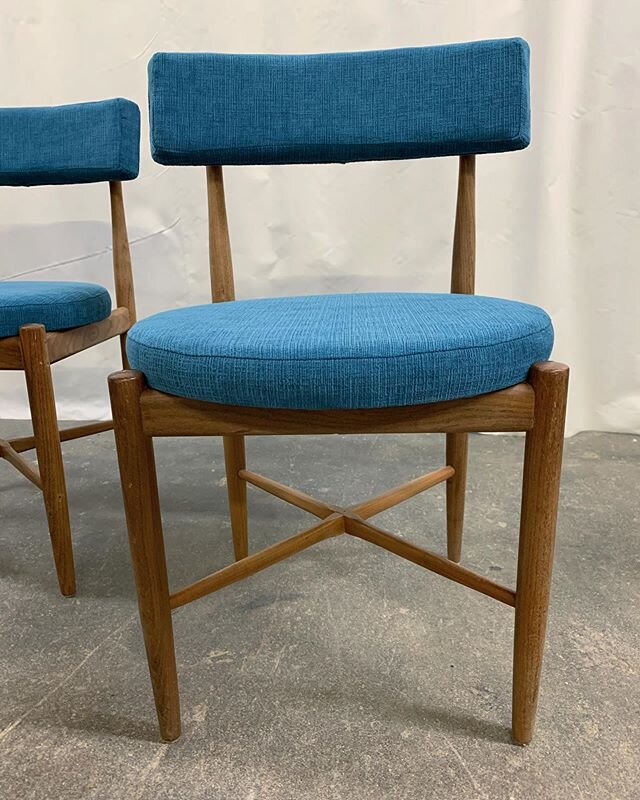 Finished this set of four #midcenturymodern dining chairs in Heavenly from @ennisfabrics for a client&rsquo;s new home. Swipe for the before pic! #reupholsteredvintagechairs #reupholstery #reuse #beforeandafter #teal