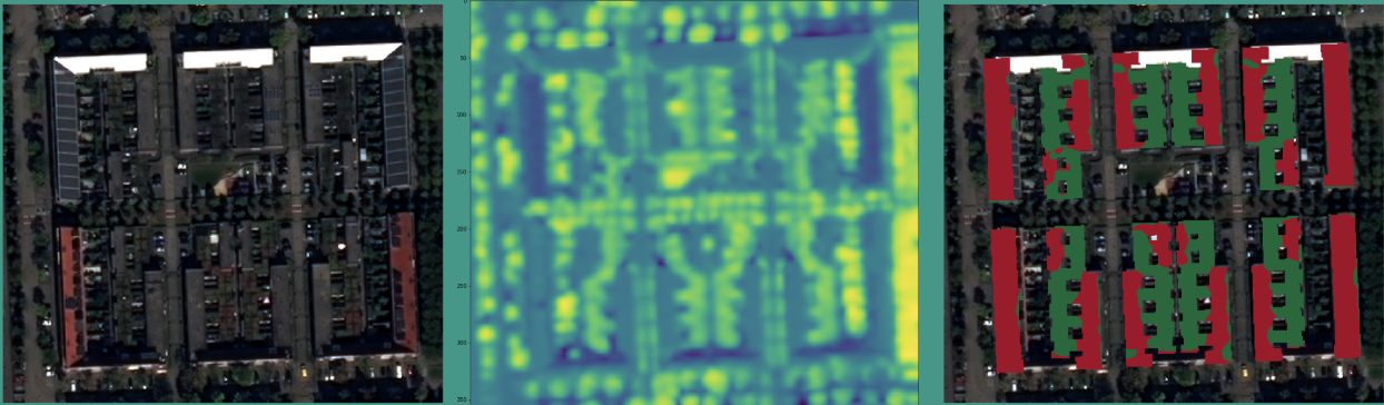 Demo showing buildings with green roofs based on data from OpenStreetMap with NDVI applied.
