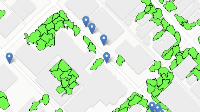 Demo built to identify tree removal around the UCLA Medical Center. Blue represents the trees in 2017 and the green represents the trees left in 2019. The blue pins highlight exactly where trees were removed.