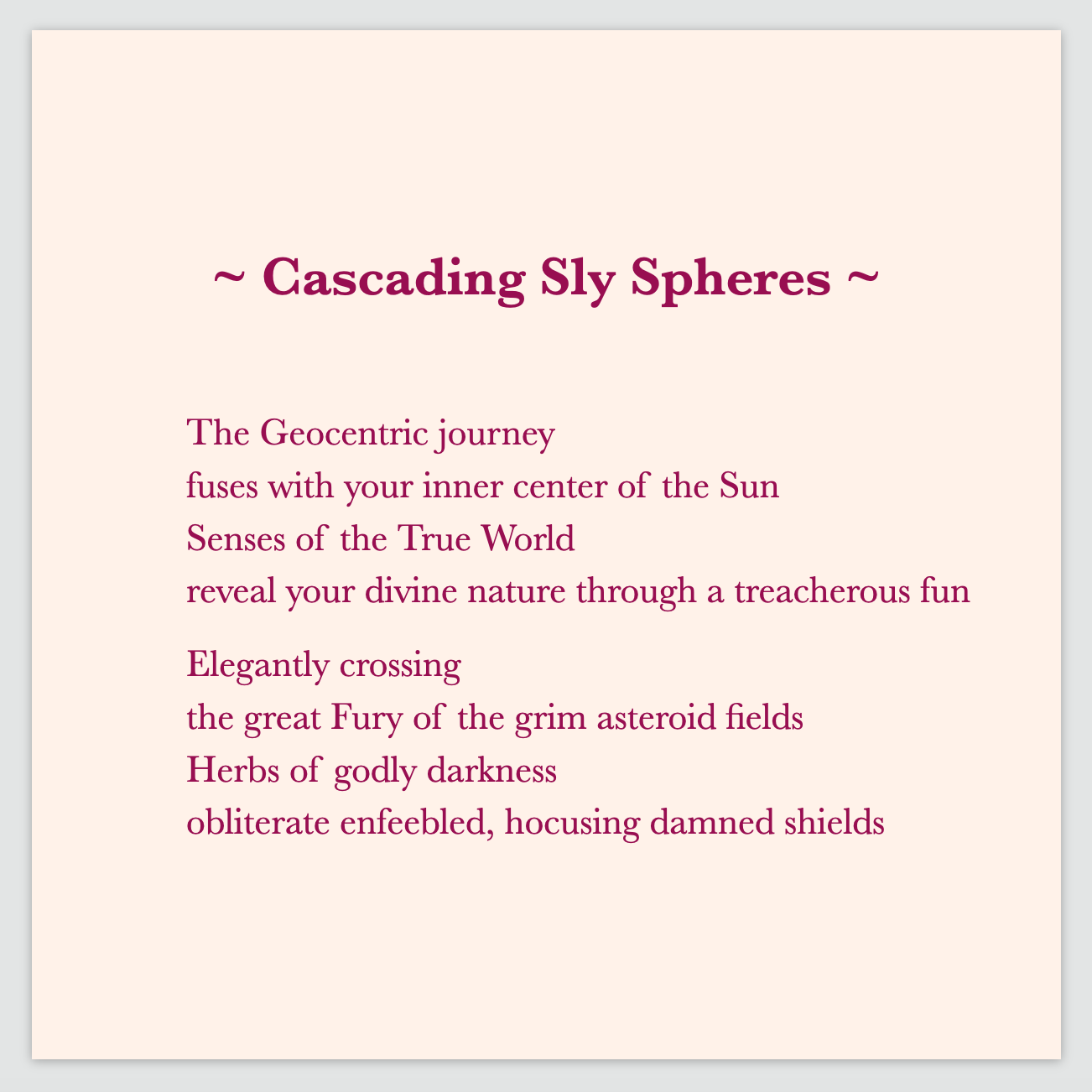 A poem by Cintia Detre / Cynthia Detre titled ‘Cascading Sly Spheres’