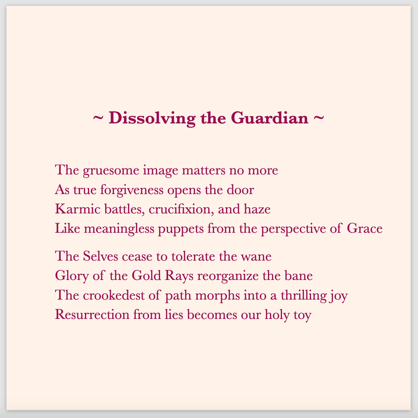 A poem by Cintia Detre / Cynthia Detre titled ‘Dissolving the Guardian’