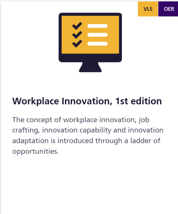  screen shot of icon and text description of OER Workplace Innovation 1st Edition. Click on the image to access the resource. 