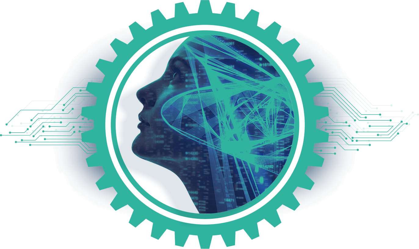 Stylized graphic showing a human head in profile inside a circular gear shape, overlaid with digital circuit lines, representing the intersection of human thinking and artificial intelligence.