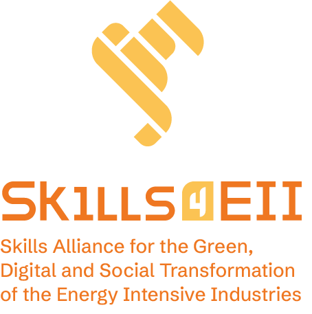 KILLS4EII logo featuring an abstract yellow symbol above the text “SKILLS4EII” and the subtitle “Skills Alliance for the Green, Digital and Social Transformation of the Energy Intensive Industries.”