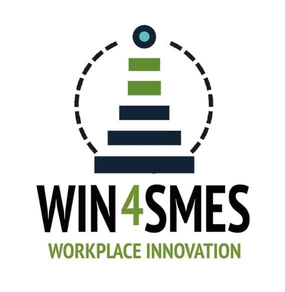 WIN4SMES Workplace Innovation logo featuring a stylized stacked symbol inside a dashed circle above the text “WIN4SMES” and the words “Workplace Innovation.”