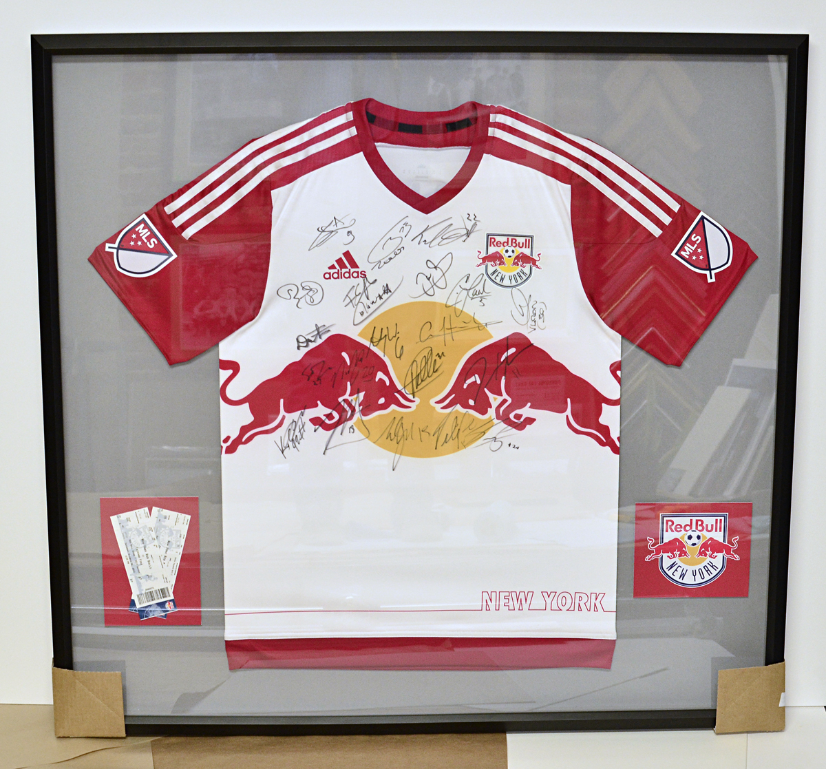  framed autographed NYC Red Bull soccer jersey with game tickets 